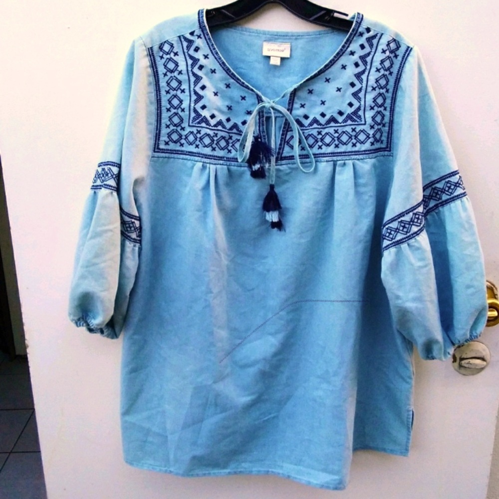 Jean material dress shirt. Used like new condition. BOHO style.